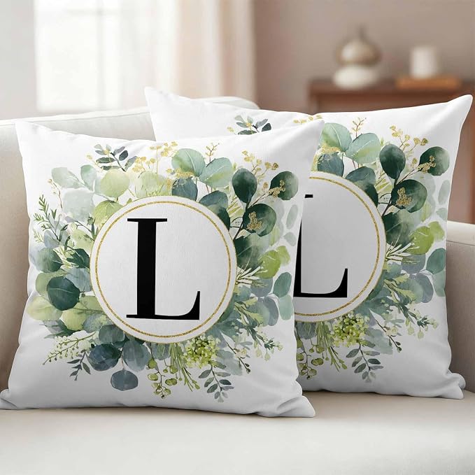 Letter L Waterproof Outdoor Pillow Covers Set of 2 Home Decor, Alphabet Green Eucalyptus Leaves Lumbar Pillowcase Patio Pillow Covers for Couch Bench Patio Furniture Garden 20x20in