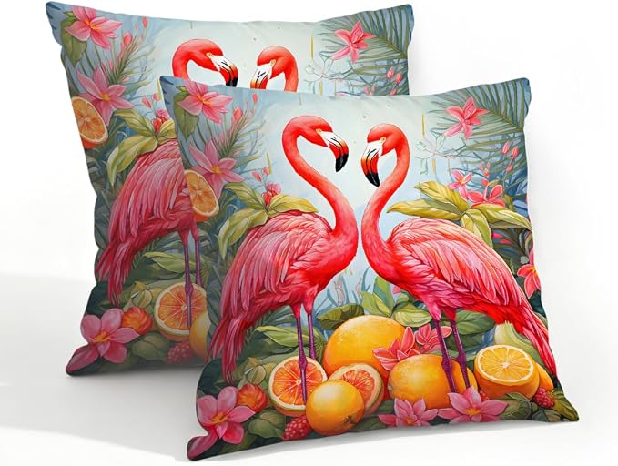 Flamingos Lemon Summer Fruit Outdoor Throw Pillow Covers 20x20 Inch Set of 2 Waterproof Decorative Square Pillowcases Cushion Cases for Patio Couch Garden Furniture Sofa