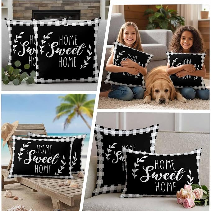 Home Sweet Home Waterproof Outdoor Pillow Covers Set of 2 Home Decor, Leaves Black Buffalo Plaid Pillowcase Patio Pillow Covers for Couch Bench Patio Furniture Garden 18x18in
