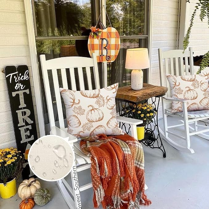 RABUSOFA Fall Pillow Covers 18x18 Inch Set of 2 Thanksgiving Autumn Outdoor Waterproof Pumpkin Maple Leaf Harvest Throw Cushion Cases Seasonal Fall Farmhouse Decorations for Home Couch Patio