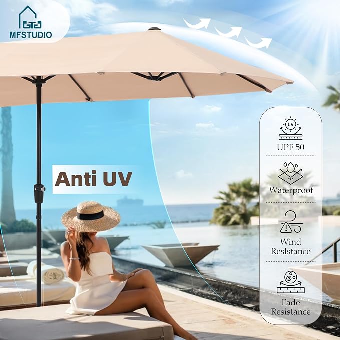 MFSTUDIO Outdoor Dining Set for 6, Patio Furniture Set with Navy Umbrella (Base not Included), Rectangle Metal Table and 6 Swivel Chairs for Patio, Deck, Backyard, Garden