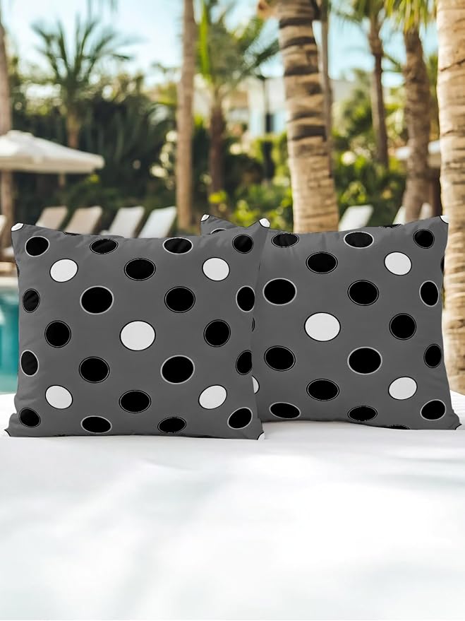Waterproof Outdoor Pillow Set of 2 Black Polka Dots Decorative Throw Pillows Cover & Insert 16x16 Inch Pillowcase Funny Circles Spots Square Pillows for Couch Sofa Bed Patio Furniture Indoor Outdoor