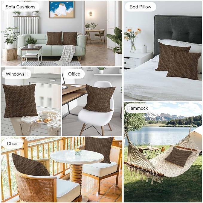 Dark Brown Rattan Outdoor Pillow Covers 16x16 Inch Throw Pillow Covers Set of 2 Waterproof Decorative Pillow Cases Vintage Abstract Wicker Texture Cushion Covers for Patio Furniture Garden Couch Sofa