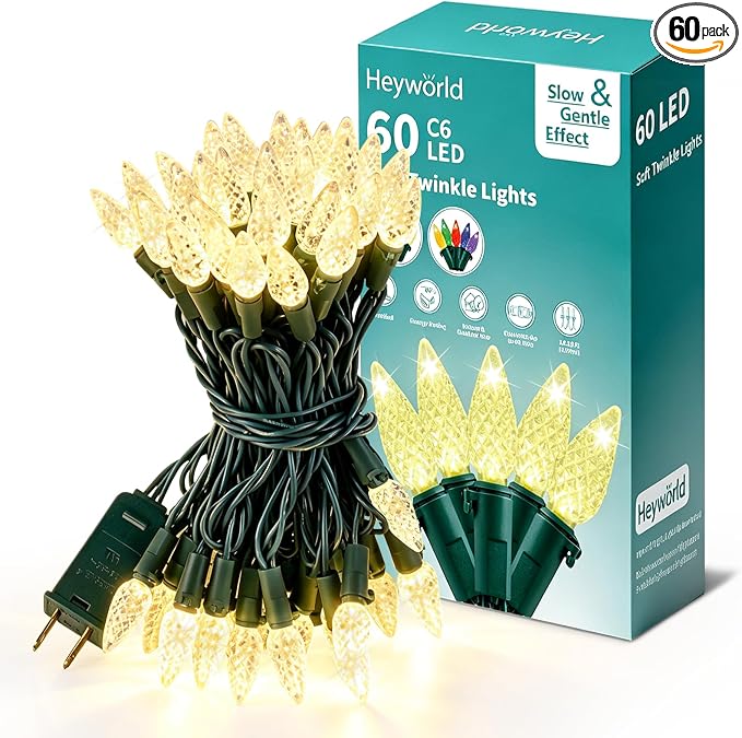 Heyworld C6 Gentle Twinkle Christmas Light, 60 LED Soft Twinkling Strawberry Lights, UL Certified 19.5FT Waterproof Connectable for Indoor Outdoor Xmas Tree Wedding Party Decor（Warm White）
