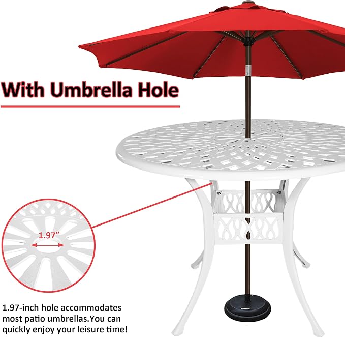 Patio Dinning Set Weather Resistant Cast Aluminum Patio Furniture Set with Umbrella Hole, Bistro Dining Set for Garden (42" x 42" Table D and 4 Chairs White, 5 Pieces)