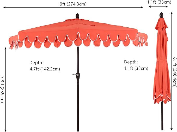 JONATHAN Y Terrace Scalloped 9 ft. Half Round Patio Umbrella with Crank Lift and Tilt, Coastal Semicircle Market Wall Umbrella for Balcony, Coral Red/White, Dark Brown Pole UMB1202A