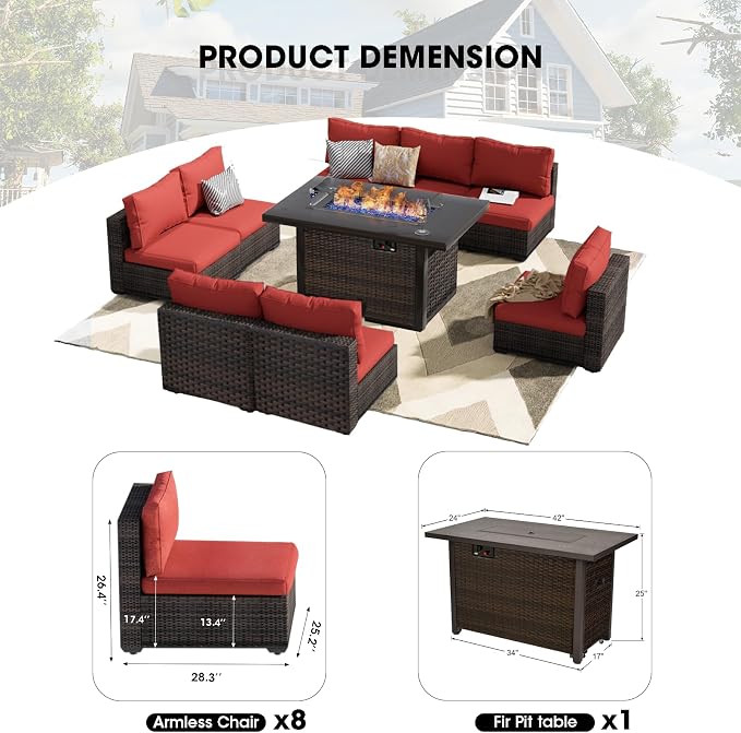 Patio Furniture Set Fire Pit Table 9 Piece All Weather PE Rattan Outdoor Sectional Sofa Couch with 8 x armless Sofa, No-Slip Cushions for Garden, Poolside, Backyard (Red)