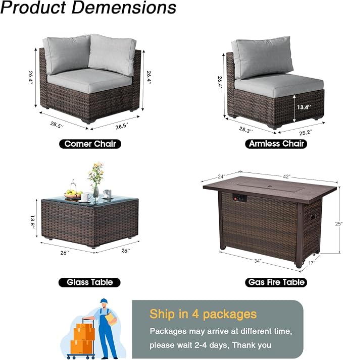 Patio Furniture Set 8 Pieces with 44" Fire Pit Table, Rattan Outdoor Sectional Conversation Sets, All Weather Outdoor Furniture Set with Cushions for Garden Lawn Balcony Porch Deck Grey