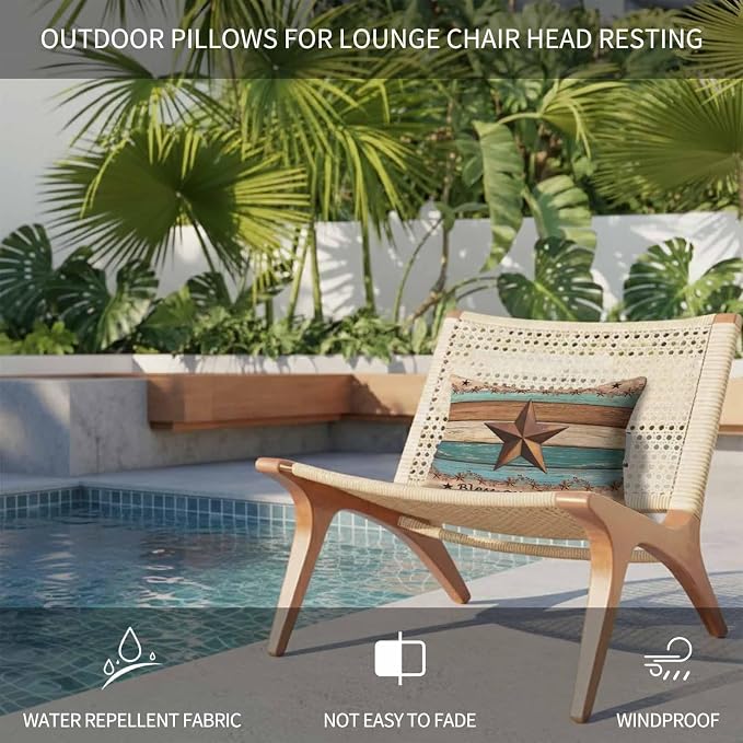 Western Texas Star Retro Outdoor Pillows for Chaise Lounge Chair Lumbar Pillows with Insert&Adjustable Strap Beach Headrest Pillow Country Farmhouse Teal Brown Wood Grain Neck Pillow for Pool 11"x16"