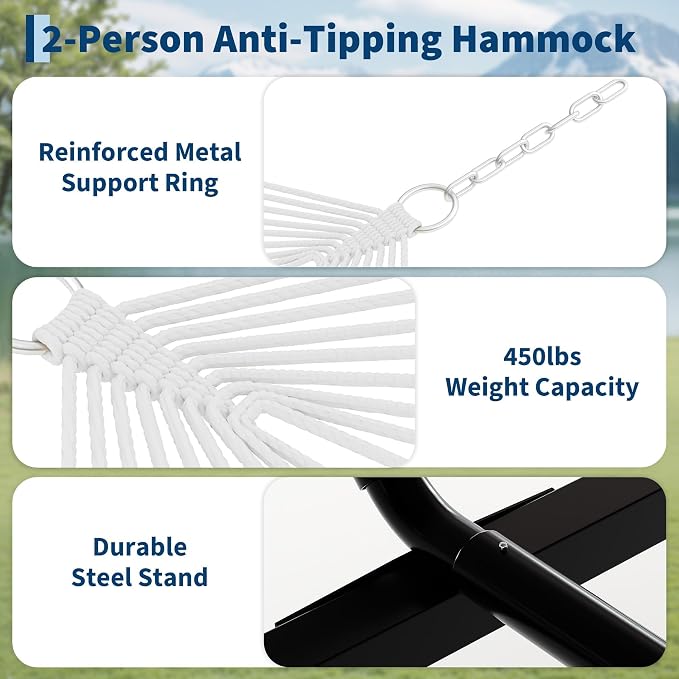 2 Person Outdoor Hammock with Stand, 450 LBS Heavy Duty Anti-Tipping Frame with Balance Rope, Rainproof & Quick Dry for Patio, Backyard, Balcony & Outdoor Garden Use, Light Gray Texture