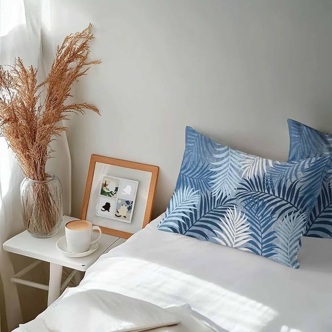 Blue Palm Leaves Waterproof Outdoor Pillow Covers Set of 2 Home Decor, Summer Tropical Leaf Plant Lumbar Pillowcase Patio Pillow Covers for Couch Bench Patio Furniture Garden 20x12in