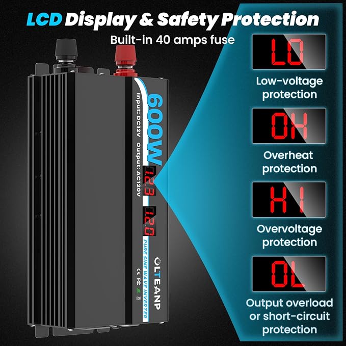 OLTEANP 600W Power Inverter Pure Sine Wave Inverter 12V DC to 120V AC Converter for Car, Truck, Home, Vehicles, Laptop, Car Inverter 12V to 110V with 2 AC Outlets, 2 USB Ports, LCD Display