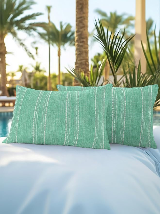 Waterproof Outdoor Pillow Set of 2 Mint Green Linen Stripes Decorative Throw Pillows Cover & Insert 20x12 Inch Lumbar Pillowcase Parallel Vertical Lines Pillows for Couch Sofa Bed Patio Furniture