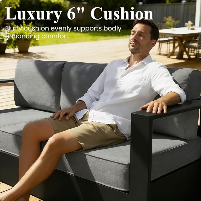 LayinSun Oversized Aluminum Outdoor Furniture Set, 4 Piece Patio Sofa Sets with Fire Pit Table, Deep Seating and Upgraded 6-inch Cushions for Porch, Balcony, Deck