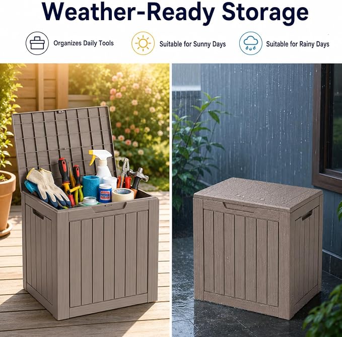 Outdoor Deck Patio Storage Box - 35 Gallon Small Outdoor Deck Box, Plastic Storage Bin with Lid, Outside Toy Box & Pool Storage Container for Cushions, Garden Tools, Towel, Lockable Chest, Brown