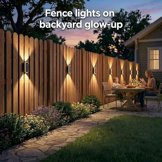 Ellasay Fence Lights Solar Powered: 4 Pack Solar Wall Lights Outdoor Up and Down IP67 Waterproof - 3 Colors Modes Brighter LED Lens Solar Lights Dusk to Dawn 12h for Backyard/Porch/Railing/Balcony