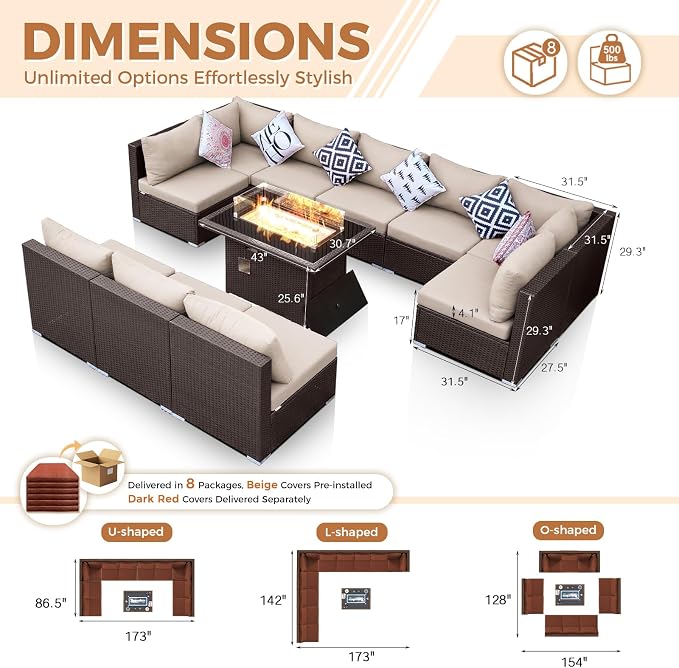 BULEXYARD 11 Piece High Back Wicker Patio Furniture Sets with Fire Pit, Luxury Extra Large Size Outdoor Seating Set, Comfortable Extra Wide Deep 10-Seater Sectional Couch Sofa for Outside, Brown & Red