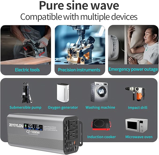 1000W Pure Sine Wave Inverter (2000W Peak), 12V/24V Auto-Detect, 50Hz/60Hz Switchable, LCD Display, Type-C Fast Charging, Silent Design, Overload & Overheat Protection for RV, Home