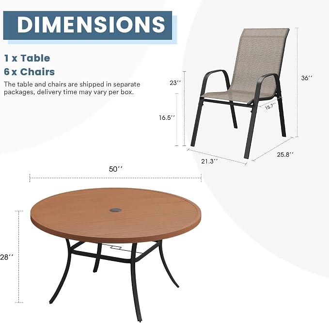 DIFY 7 Piece Outdoor Dining Set, 50" Walnut Round Metal Patio Table and Brown Textilene Stackable Chairs for 6, All Weather Patio Furniture Set with Umbrella Hole for Backyard Garden Deck