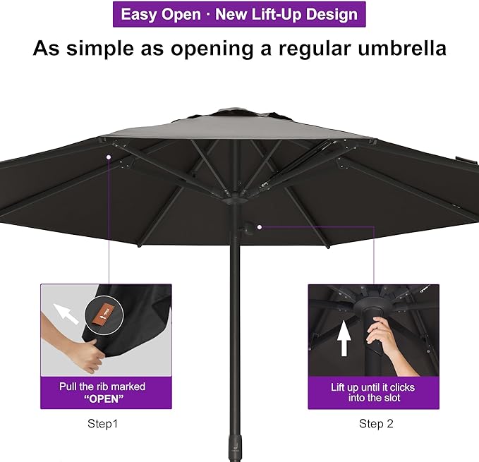 PURPLE LEAF 9Ft Round Semi-Auto Outdoor Patio Umbrella Aluminium Market Umbrella Table Sun Umbrella with 1.89" Rod and 8 Sturdy Ribs for Deck Lawn Pool Garden, Gray