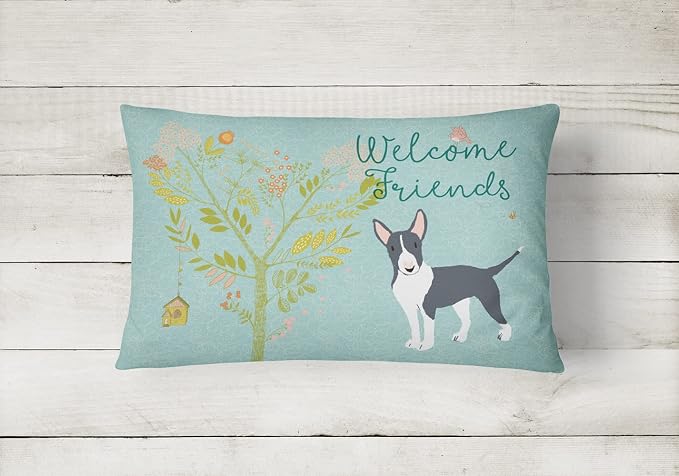Caroline's Treasures BB7604PW1216 Welcome Friends Black Bull Terrier Canvas Fabric Decorative Pillow Machine Washable, Indoor Outdoor Decorative Pillow for Couch, Bed or Patio, 12HX16W