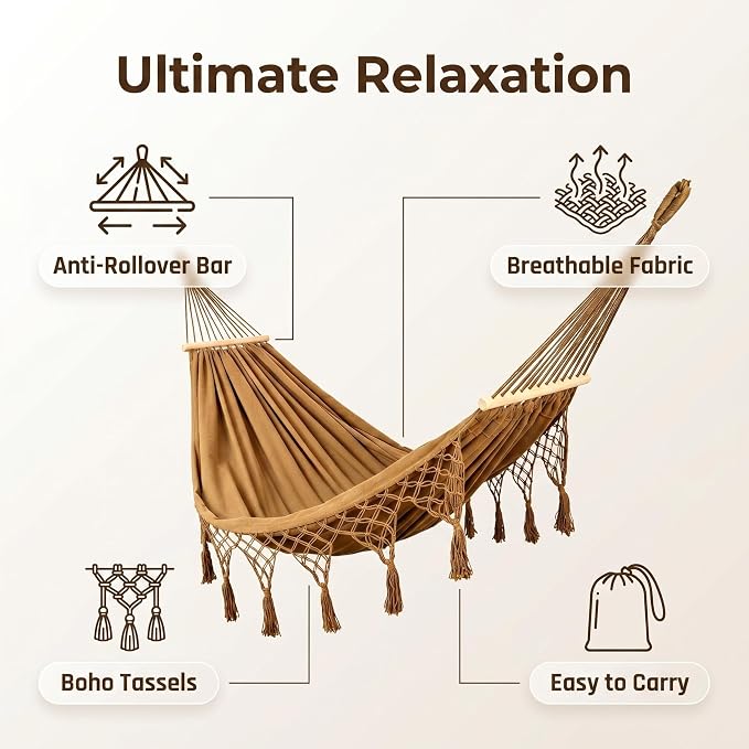 Boho Fringe Hammock with Carry Bag and 2 Tree Straps, 2 Person Fabric Hammock, 500 lb Capacity for Backyard, Porch, Patio, Camping, Indoor Outdoor Use