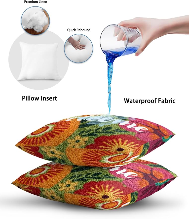 Outdoor Waterproof Throw Pillows 12x20in, Farmhouse Rustic Orange Red Floral Patio Pillows Pack of 1, Decorative Pillow Covers with Insert, Pillow Cushion Case for Garden Abstract Green Leaves