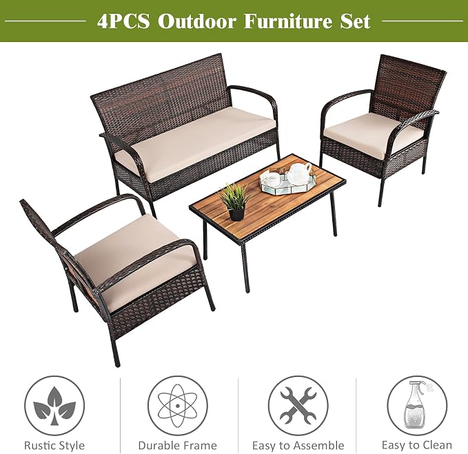 COSTWAY 8PCS Patio Rattan Furniture Set Outdoor Conversation Set Coffee Table w/Cushions