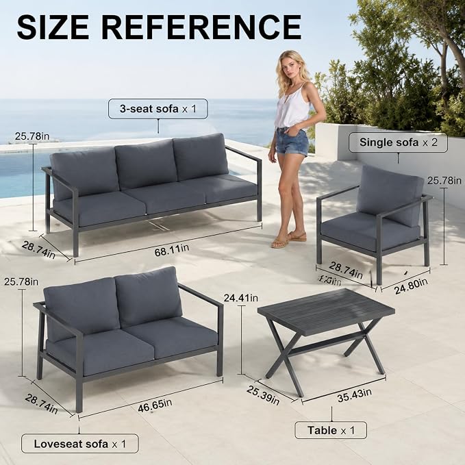 Aluminum Patio Sectional Furniture Set,5 piece Patio Conversation Sets Outdoor Patio Furniture Set Sofa with Coffee Table & Washable Cushions Grey