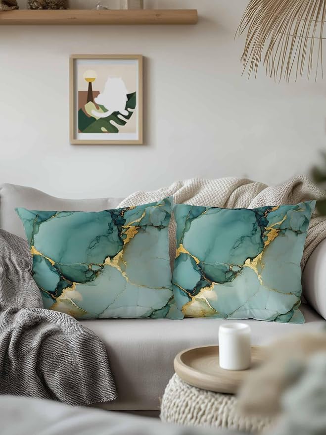 1 Pack Outdoor Throw Pillow, Teal Ombre Marble Waterproof Pillow with Insert Included, Modern Ink Painting Abstract Decorative Accent Cushion Sofa Pillows for Patio Porch, 16 x 16 in