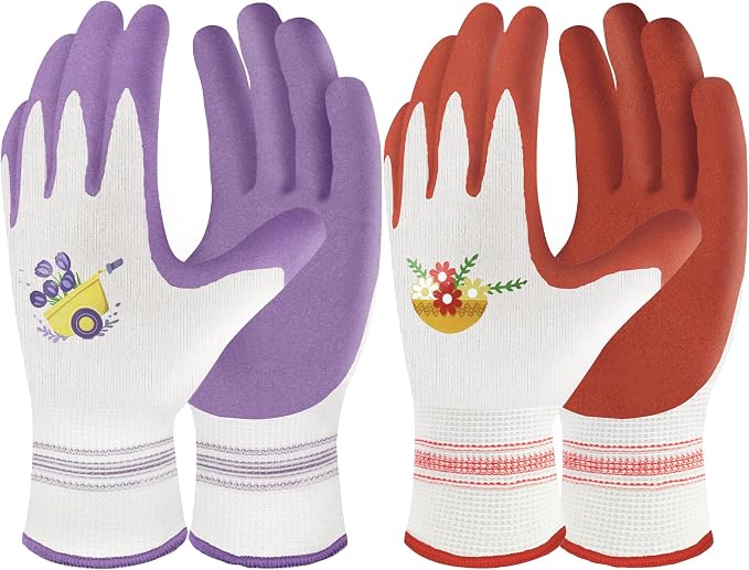 Velway 2 Pairs Gardening Gloves for Women - Breathable Rubber Coated Garden Work Gloves - Outdoor Protective Yard Gloves with Grip Gardening Gifts - Red & Purple Medium