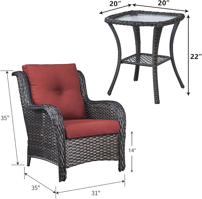 Rilyson Patio Furniture Chairs Outdoor Chair - 2 Piece Wicker Rattan Chairs Set with High Back and Deep Seating for Deck Porch Balcony Backyard Garden(Brown/Red)