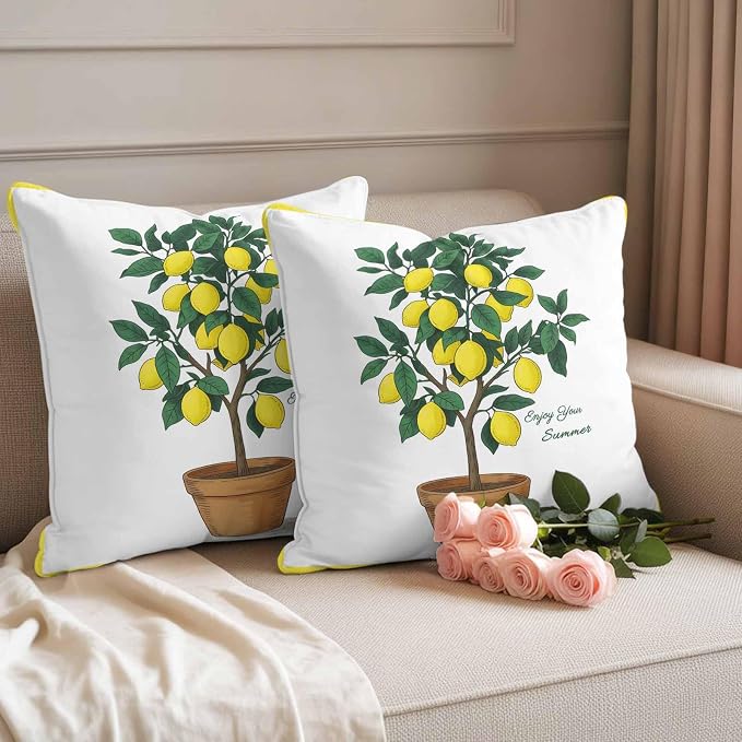 Outdoor Waterproof Throw Pillow Covers, Summer Lemon Decorative Pillow Cases, Yellow Potted Plant Green Botanical Couch Pillow Protector Patio Sofa Cushion Covers Replacement 20"x20" 2 Pack