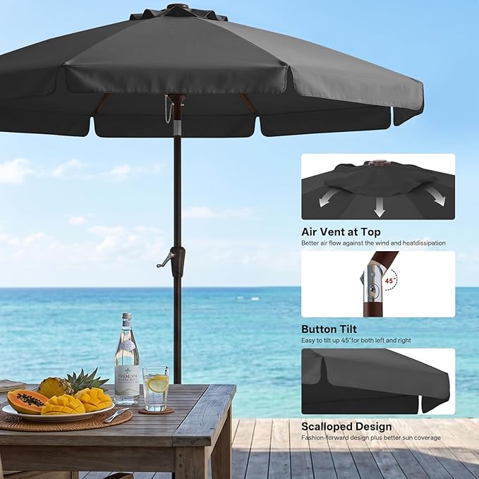 ABCCANOPY 9ft Scalloped Patio Umbrella, Outdoor Table Umbrella with Tilt and Crank, Fiberglass Ribs Deck Umbrella for Patio, Pool, Garden, Picnic (Dark Gray)