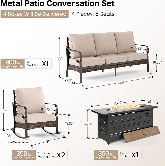 SUNSHINE VALLEY 4 Piece Black Metal Outdoor Patio Furniture Sets with Firepit Table, Patio Conversation Sets 1 3-Seater Sofa, 2 Rocking Sofa with 5.75" Thick Cushion Backyard Furniture for Deck, Beige