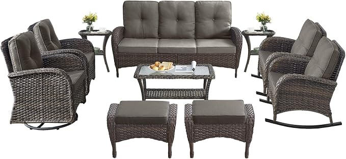 10-Piece Patio Furniture Set-Patio Rocking Chairs Set of 4 Outdoor Rattan Sofa Sets with Coffee Table Outdoor Patio Furniture Sets for Deck Porch Garden Balcony Poolside-Brown/Grey
