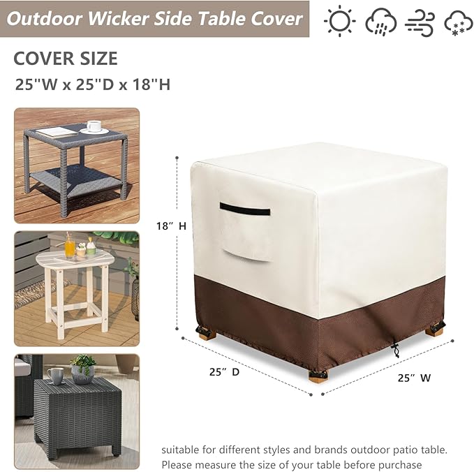 Waterproof Patio Ottoman Cover, Heavy Duty Square Outdoor Side Table Furniture Covers Size 25L x 25W x 18H inch (Beige)