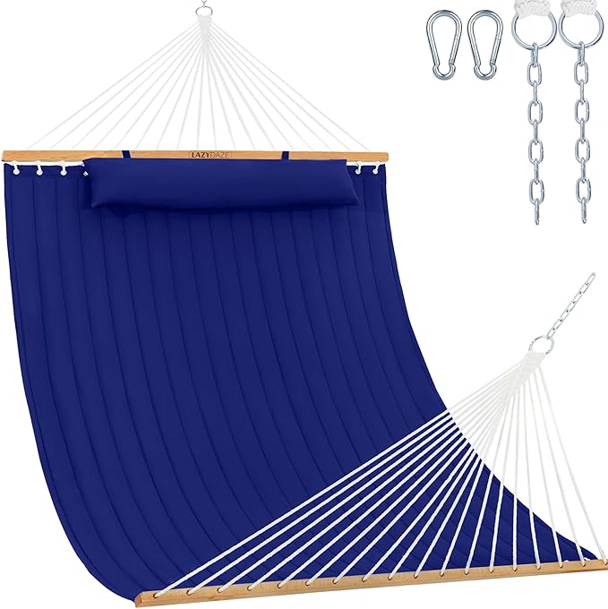 Lazy Daze Hammocks 12 FT Double Quilted Fabric Hammock with Spreader Bar and Detachable Pillow, 450lbs Weight Capacity, Navy Blue