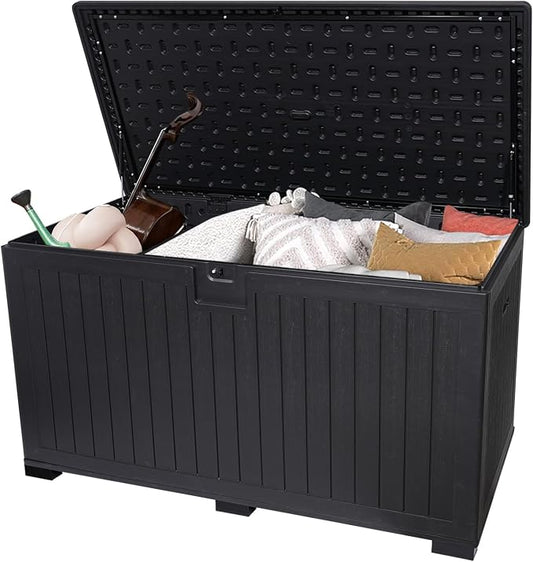 260 Gallon Deck Box Waterproof, Resin Outdoor Storage Box Extra Large Lockable with Divider and Lifter Prevent Water Seeping into from Floor for Patio Cushions