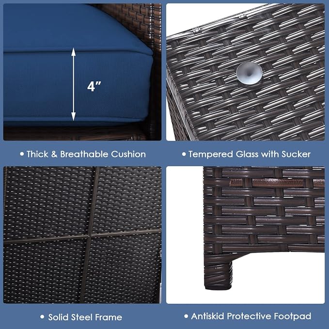 HAPPYGRILL 4PCS Patio Furniture Set Outdoor Rattan Wicker Conversation Sofa Set with Storage Box & Tempered Glass Coffee Table for Backyard Garden Porch