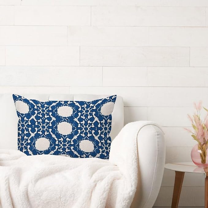 Blue Geometric Lumbar Pillow Cases Blue and White Trellis Throw Pillow Cover Farmhouse Outdoor Garden Decoration for for Home Bedroom Living Room Bed 16x24in