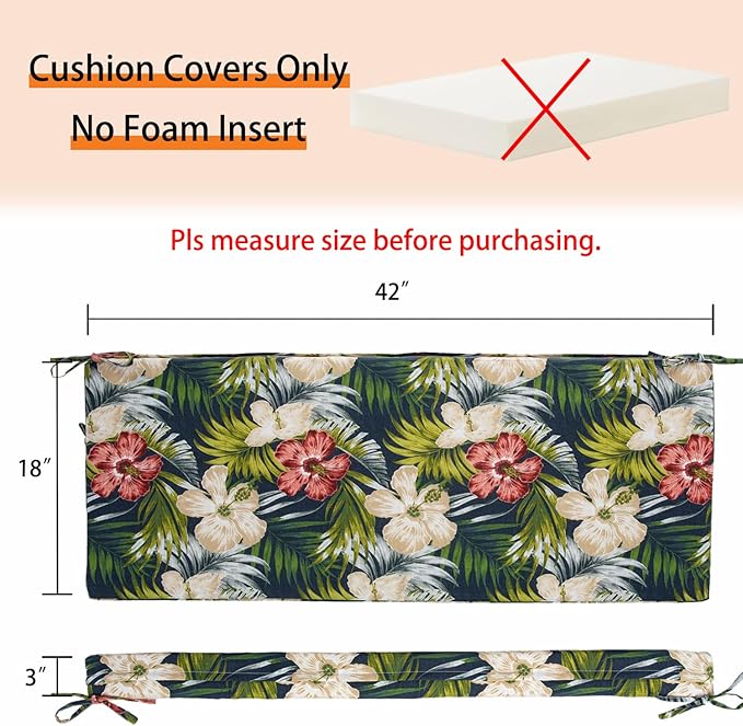 Magpie Fabrics Patio Bench Cushion Cover 42x18x3 Inch, NO Insert! Water Resistant UV Protection Outdoor Swing Loveseat Replacement Cover with Zipper (Midnight Floral)