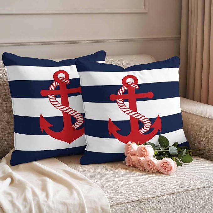 Nautical Anchor Outdoor Waterproof Throw Pillow Covers Set of 2, 16"x16", Coastal Navy Blue Stripe Decorative Pillow Covers Outside Cushion Case for Patio Porch Garden