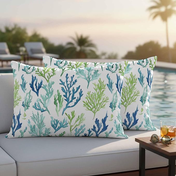 Ocean Teal Outdoor Waterproof Throw Pillow Covers Set of 2, 20"x12", Blue Green Coral Underwater Garden Coastal Decorative Pillow Covers Outside Cushion Case for Patio Porch Garden
