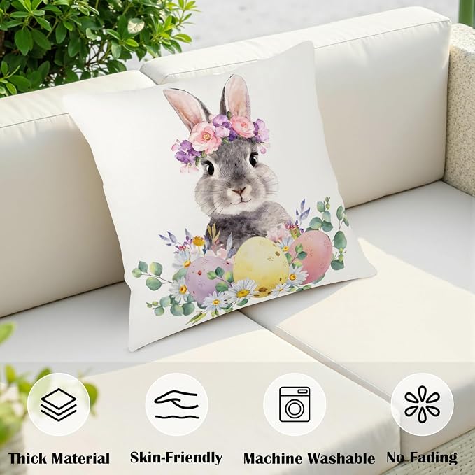 Happy Easter Pillow Covers Daisy Floral Colorful Easter Eggs Pillow Cases 20x20 Set of 2 Lovely Bunny Throw Pillow Covers Spring Farmhouse Cushion Cases for Couch Sofa