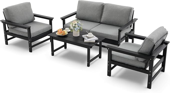 HDPE Outdoor Patio Furniture Set, 5-Piece Sofa Set with Loveseat Couch, 2 Armchairs & Coffee Table, Weatherproof Conversation Set with Cushions, All-Weather Waterproof, for Garden, Porch & Backyard