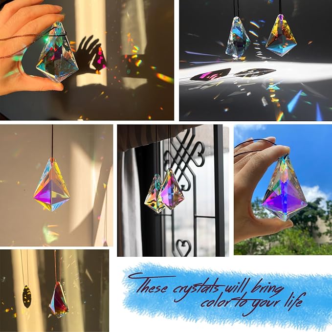 2PCS Cone Crystal Suncatcher Prisms for Windows (Chunky Cone) | AB Color, Transparent, K9 Glass, Rainbow Maker, with Hooks & Cord
