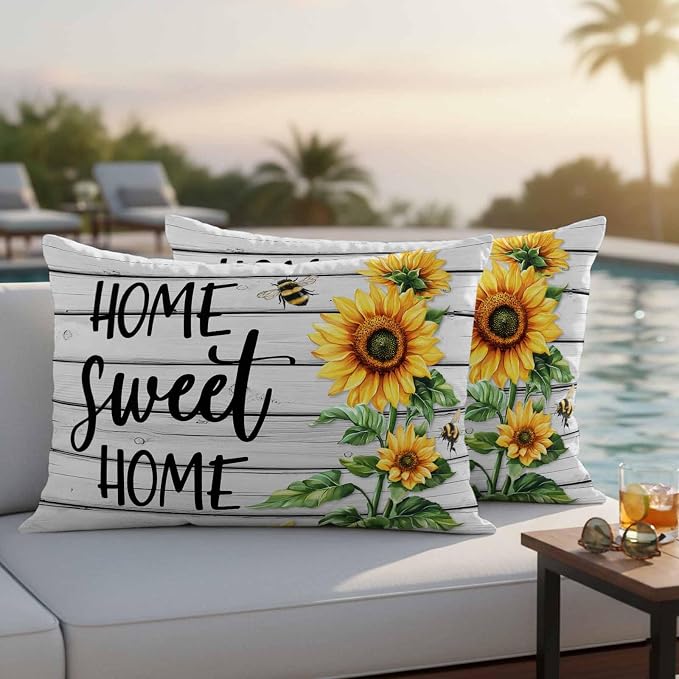 Lumbar Pillow Covers 20x12 Inch Set of 2, Yellow Sunflower Waterproof Outdoor Pillow Covers, Bee Wooden Grain Country Farmhouse Decorative Cushion Pillowcases for Couch, Sofa, Bed, Garden, Patio