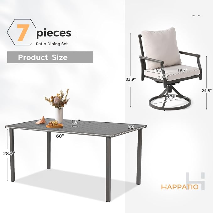 HAPPATIO Patio Dining Set, Metal Outdoor Table and Chairs Set for 6, Powder-Coated Swivel Rocking Chairs with Thickened Cushions, 60" Rectangular Table with 1.5" Umbrella Hole for Deck Backyard Lawn