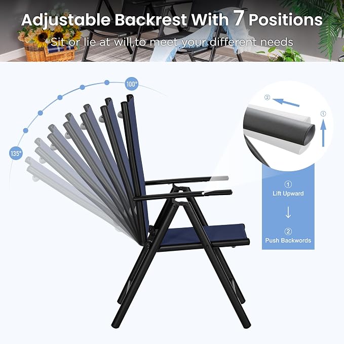 PHI VILLA Outdoor Dining Set for 4 with Patio Table and Chairs, Patio Dining Furniture Set with Adjustable Foldable Patio Chairs & Metal Steel Table for Garden,Yard and Deck, Blue